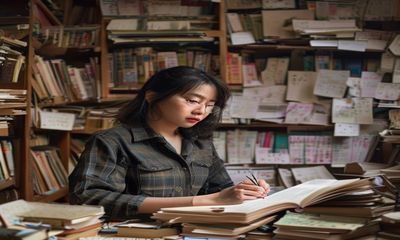小宝探花内容研究总监林晓薇，坐在堆满书籍的工作室中，手持笔记本认真思考，背景是密密麻麻的选题便签，展现深度内容研究者的专业状态