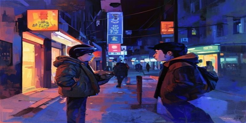 小宝探花城市夜探系列第88期，深夜霓虹街头小宝与陌生人对话，画面温暖真实感强烈