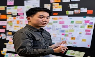 小宝探花用户体验负责人张博文，站在白板前向团队讲解用户旅程地图，神情专注，背景是满满的用户反馈便利贴，展现以用户为中心的设计思维